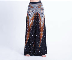 Peacock Feathers Straight Cut Wide Leg Palazzo with Elastic Back Waistband in Black