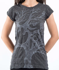 Sure Design Women's Om Tree T-Shirt Silver on Black