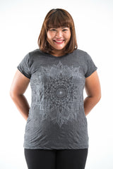 Plus Size Sure Design Women's Lotus Mandala T-Shirt Silver on Black