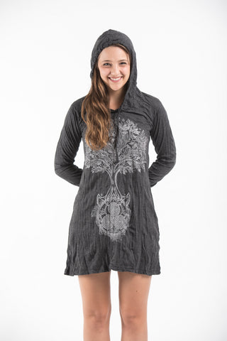 Sure Design Women's Celtic Tree Hoodie Dress Silver on Black