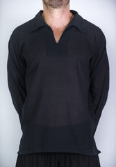 Unisex Long Sleeve Cotton Yoga Shirt with V Neck Collar in Black