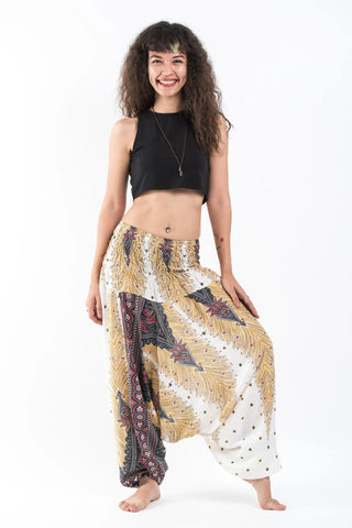 Peacock Feathers Drop Crotch Harem Pants in White