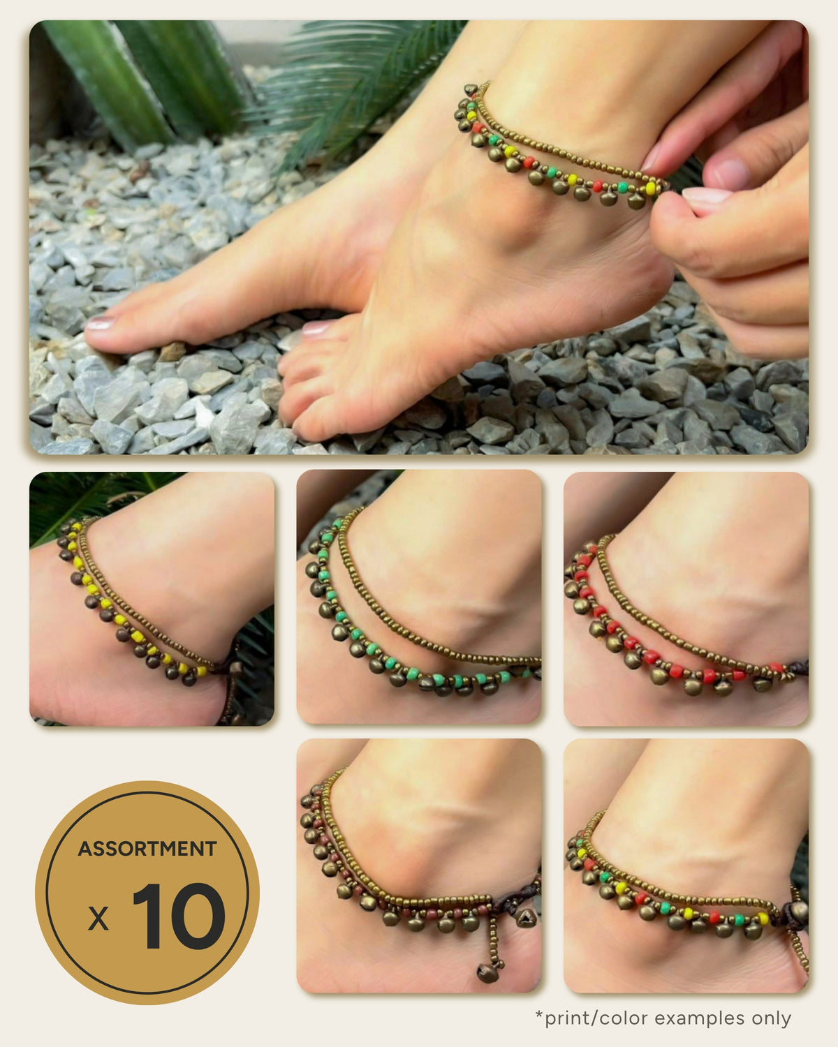 Assorted set of 10 - Handmade Thai Double Strands Brass Bells Anklets