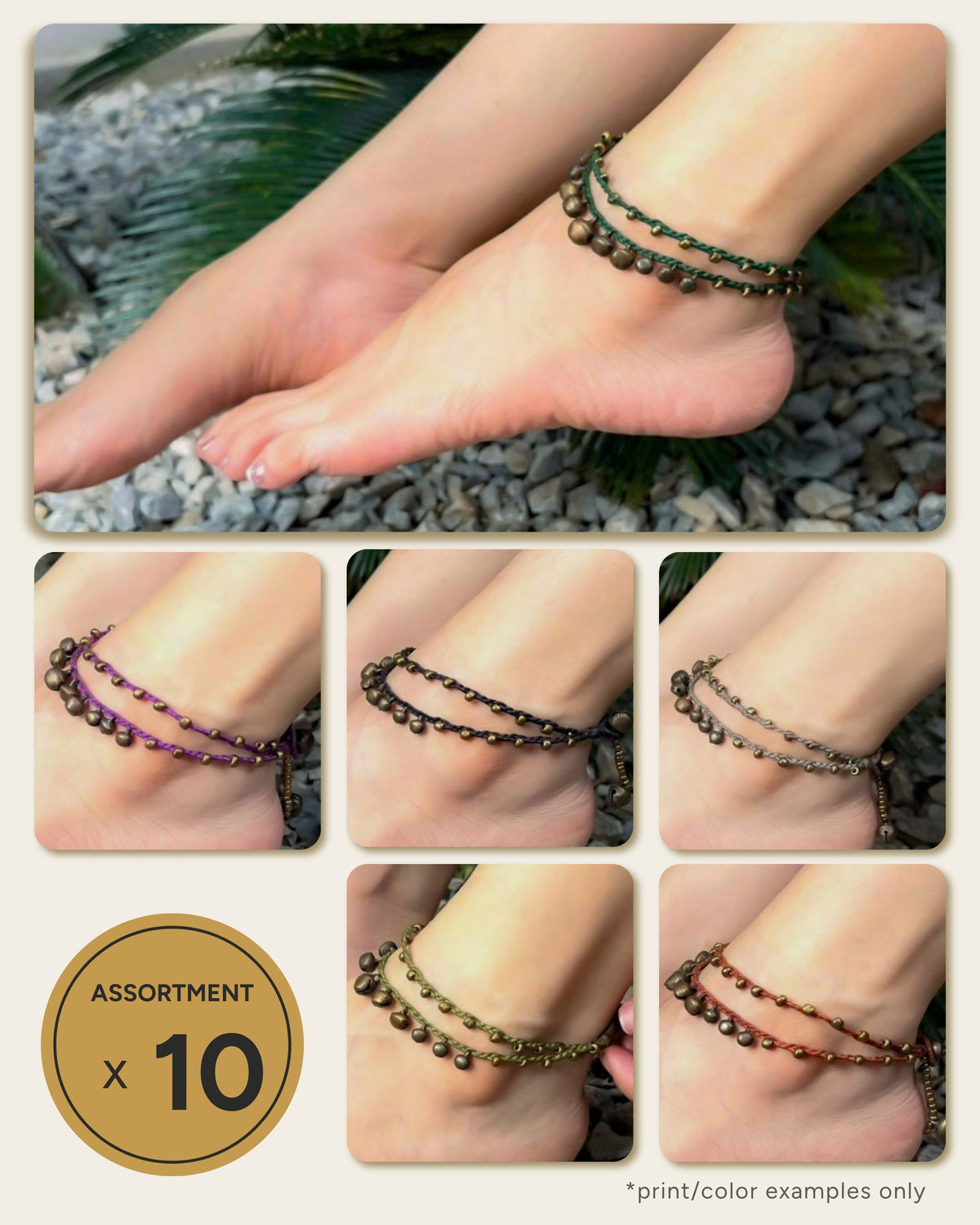 Assorted set of 10 - Handmade Thai Braided Brass Bells Anklets