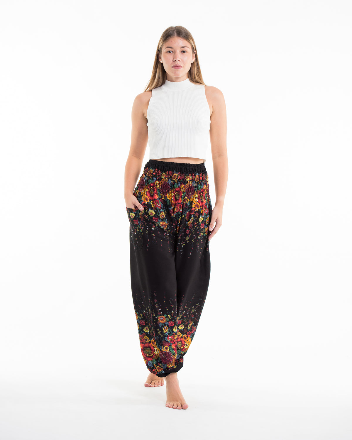 Floral Unisex Harem Pants in Black