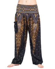 Peacock Feathers Unisex Harem Pants in Black