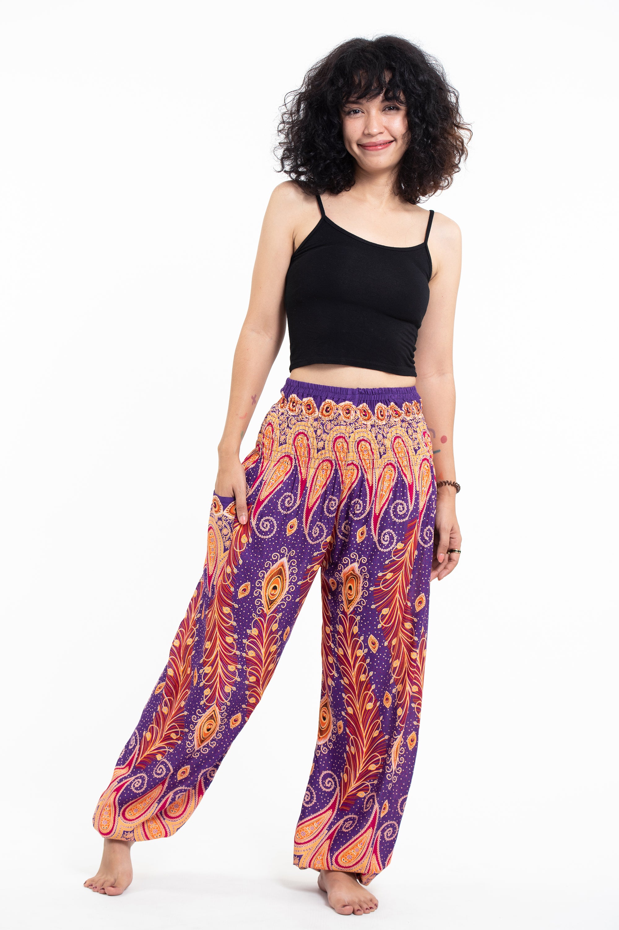Peacock Paisley Unisex Harem Pants in Purple