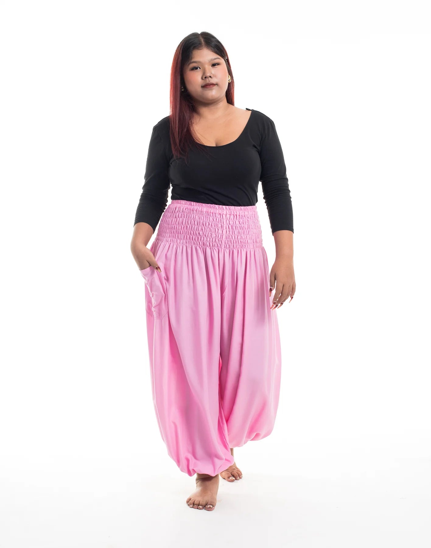 Plus Size Solid Color Unisex Harem Pants in Light Pink