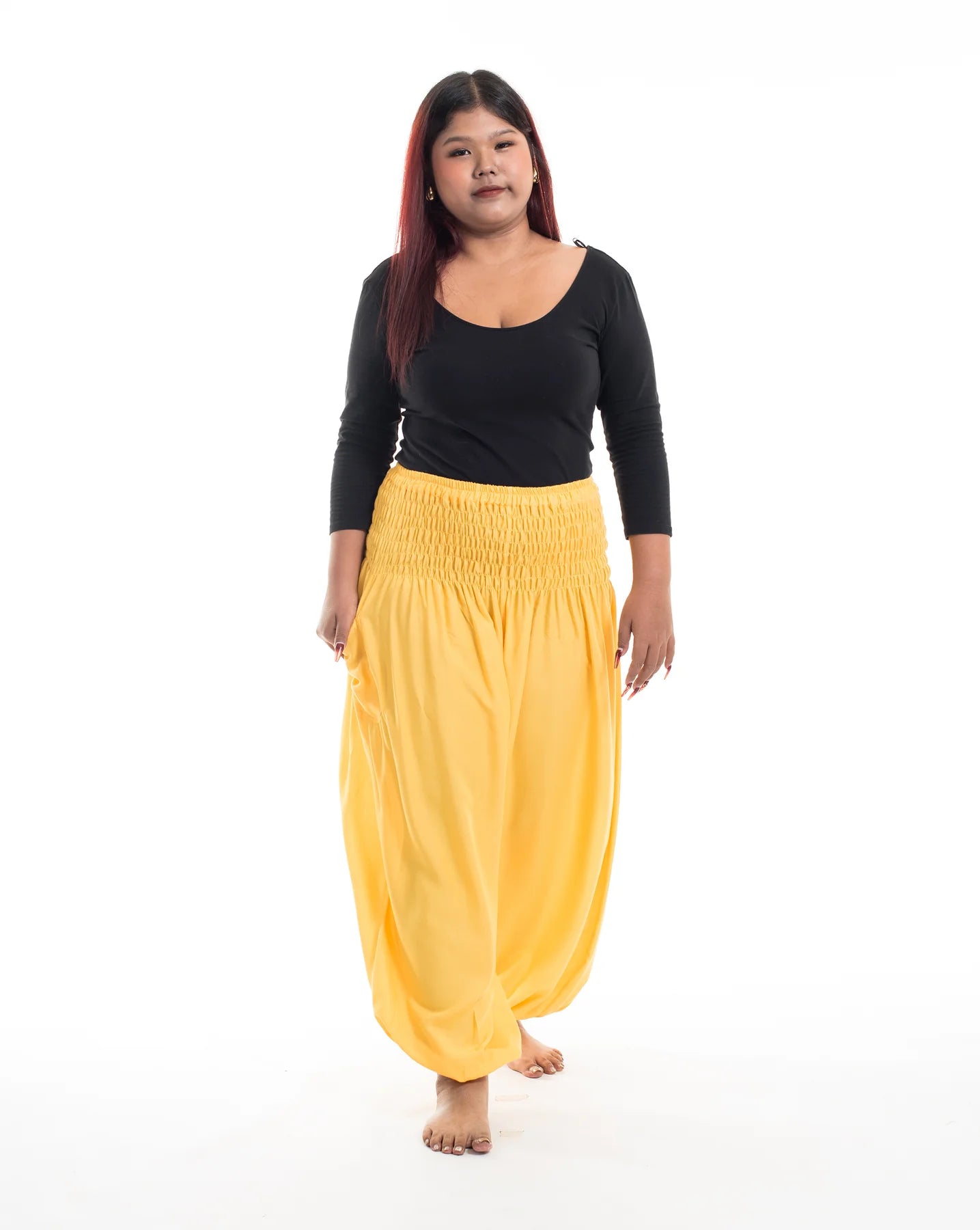 Plus Size Solid Color Unisex Harem Pants in Light Yellow