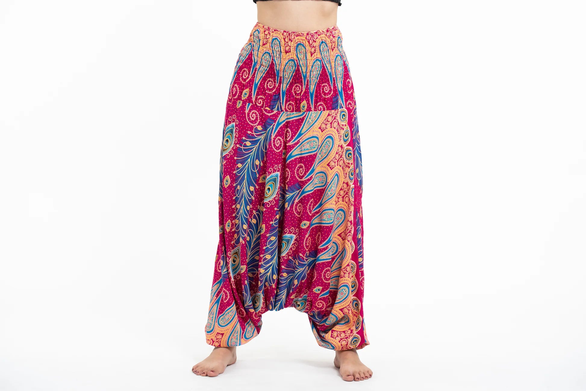 Peacock Paisley Drop Crotch Harem Pants in Pink