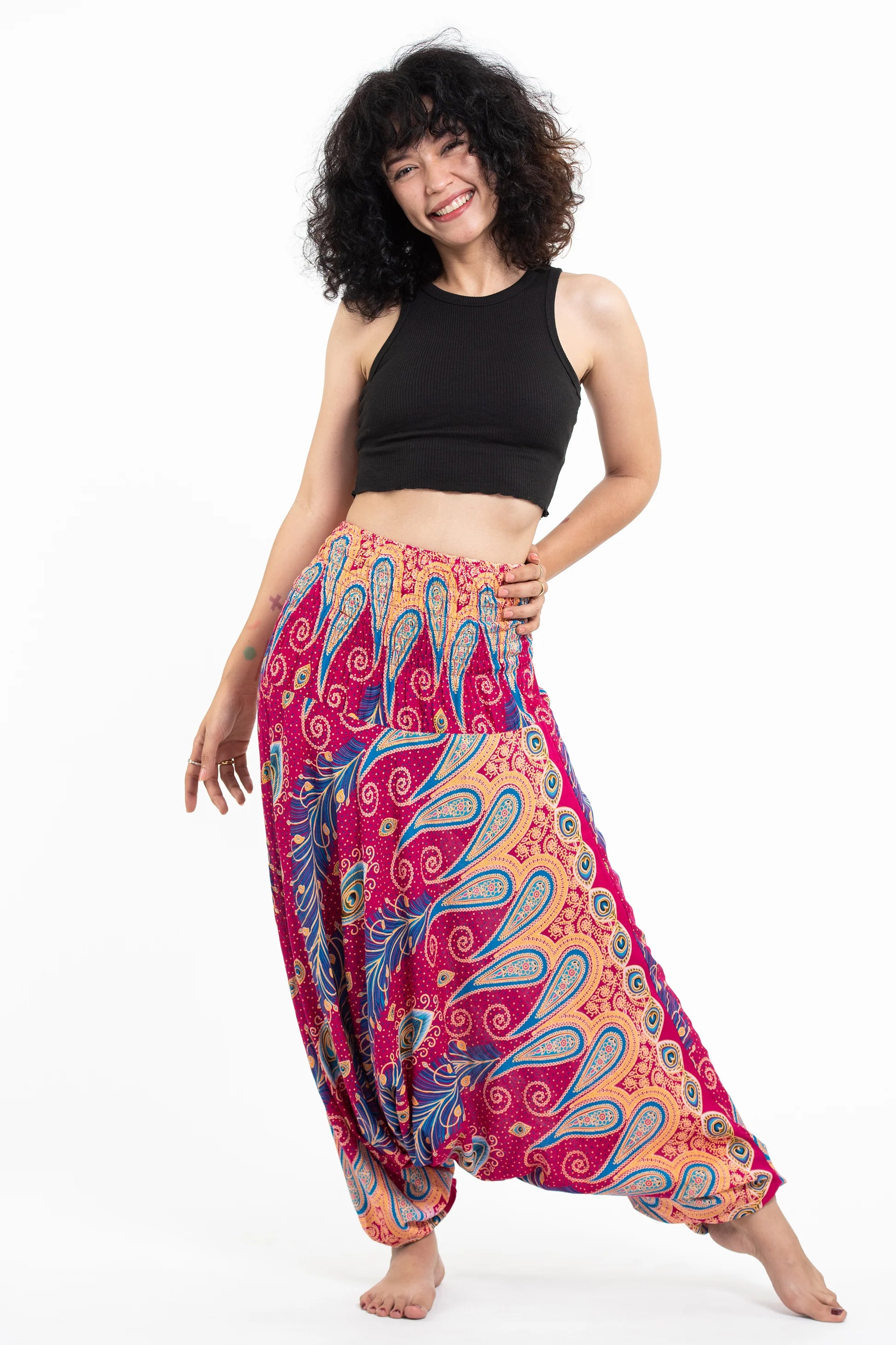Peacock Paisley Drop Crotch Harem Pants in Pink