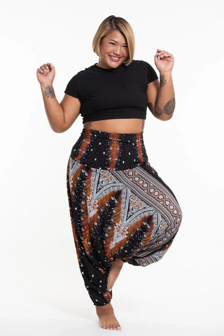 Plus Size Peacock Feathers Drop Crotch Harem Pants in Black