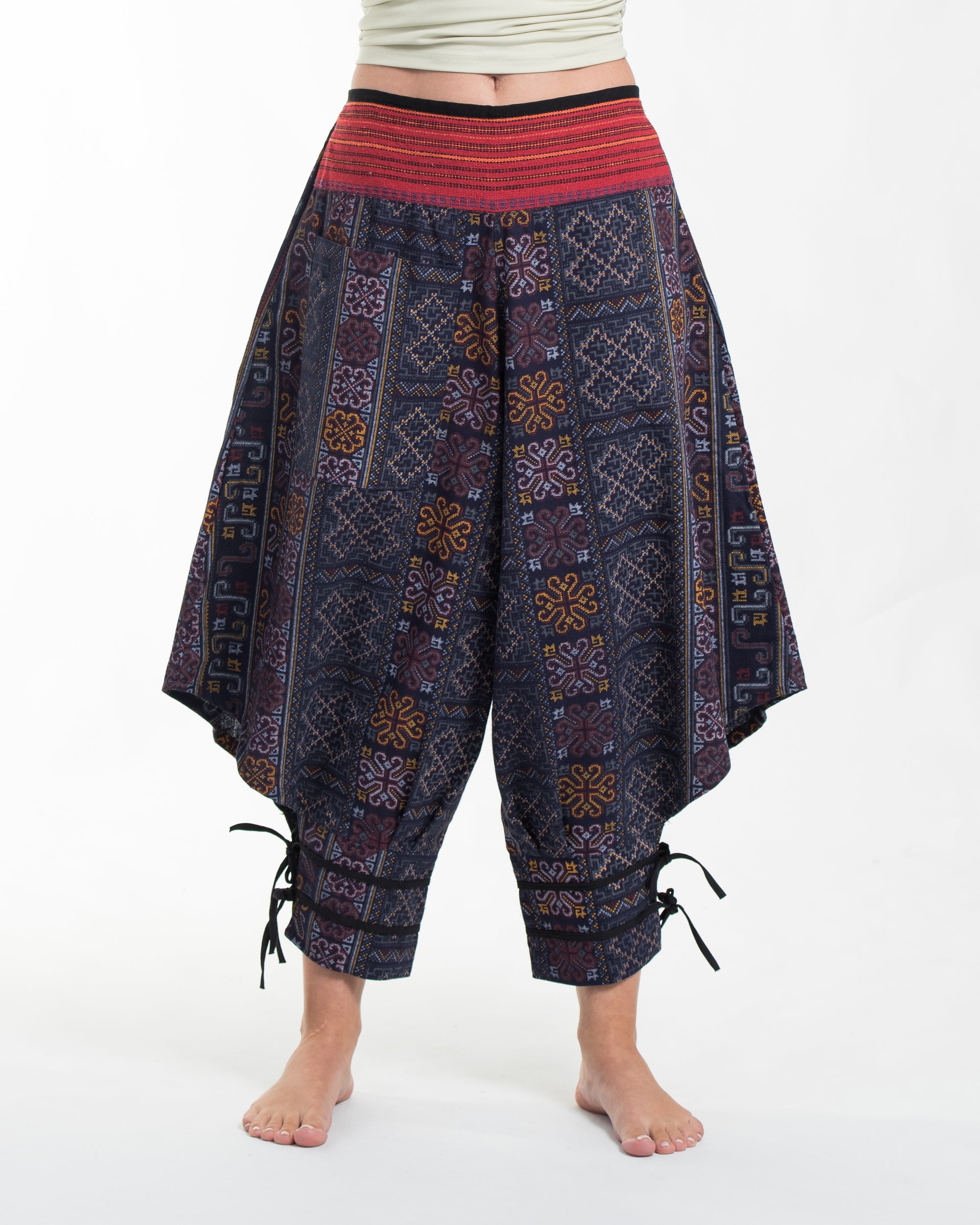 Clovers Thai Hill Tribe Fabric Unisex Harem Pants with Ankle Straps in Blue