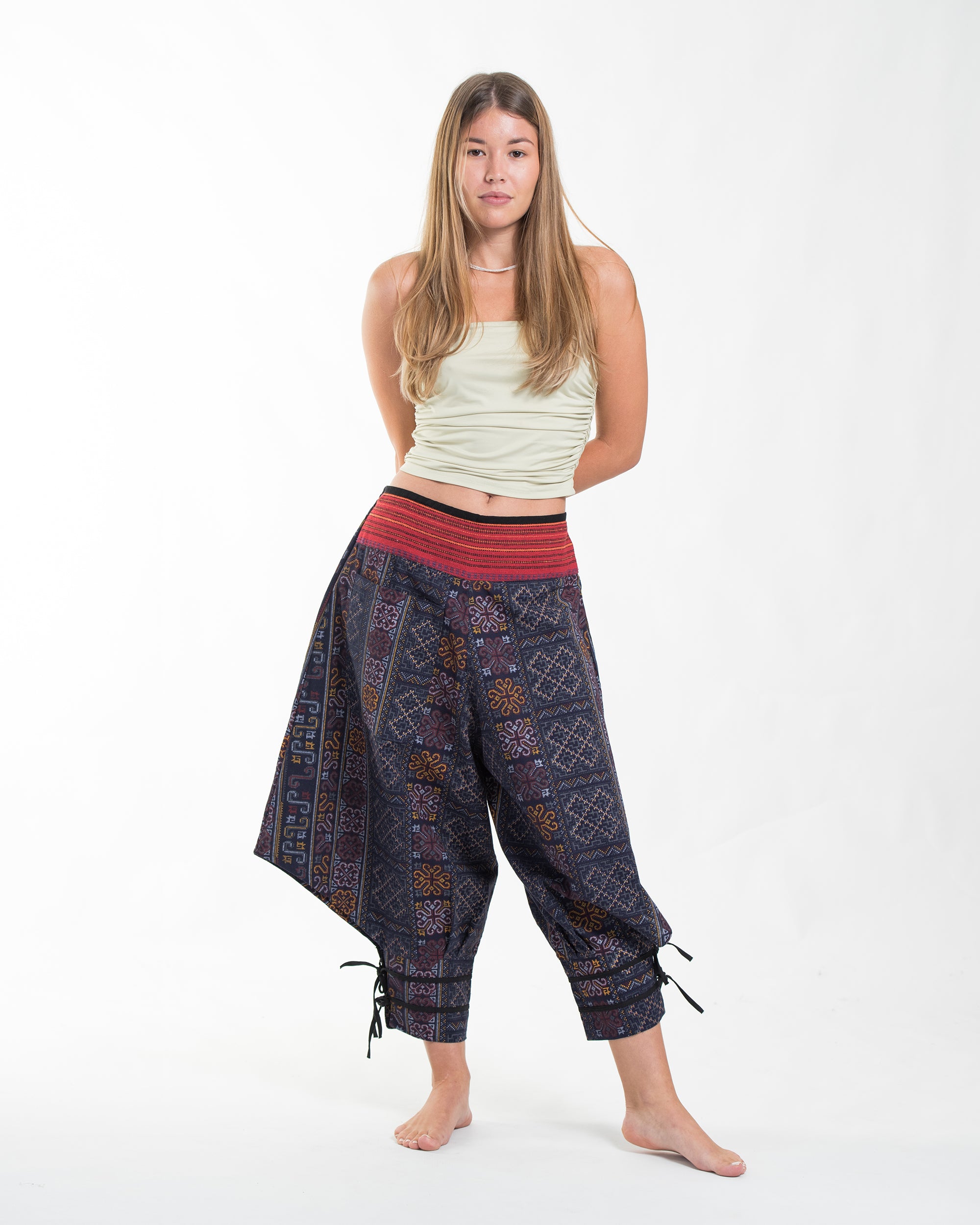 Clovers Thai Hill Tribe Fabric Unisex Harem Pants with Ankle Straps in Blue