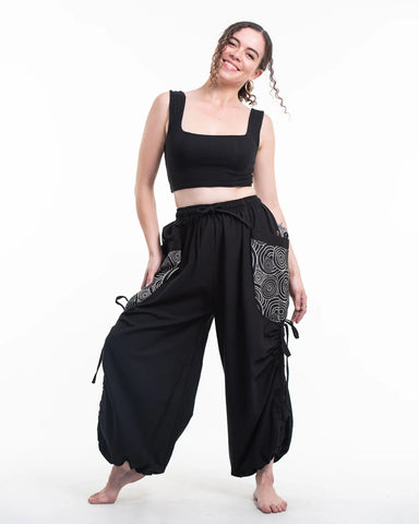 Unisex Cotton Pants with Swirls Prints Pocket in Black