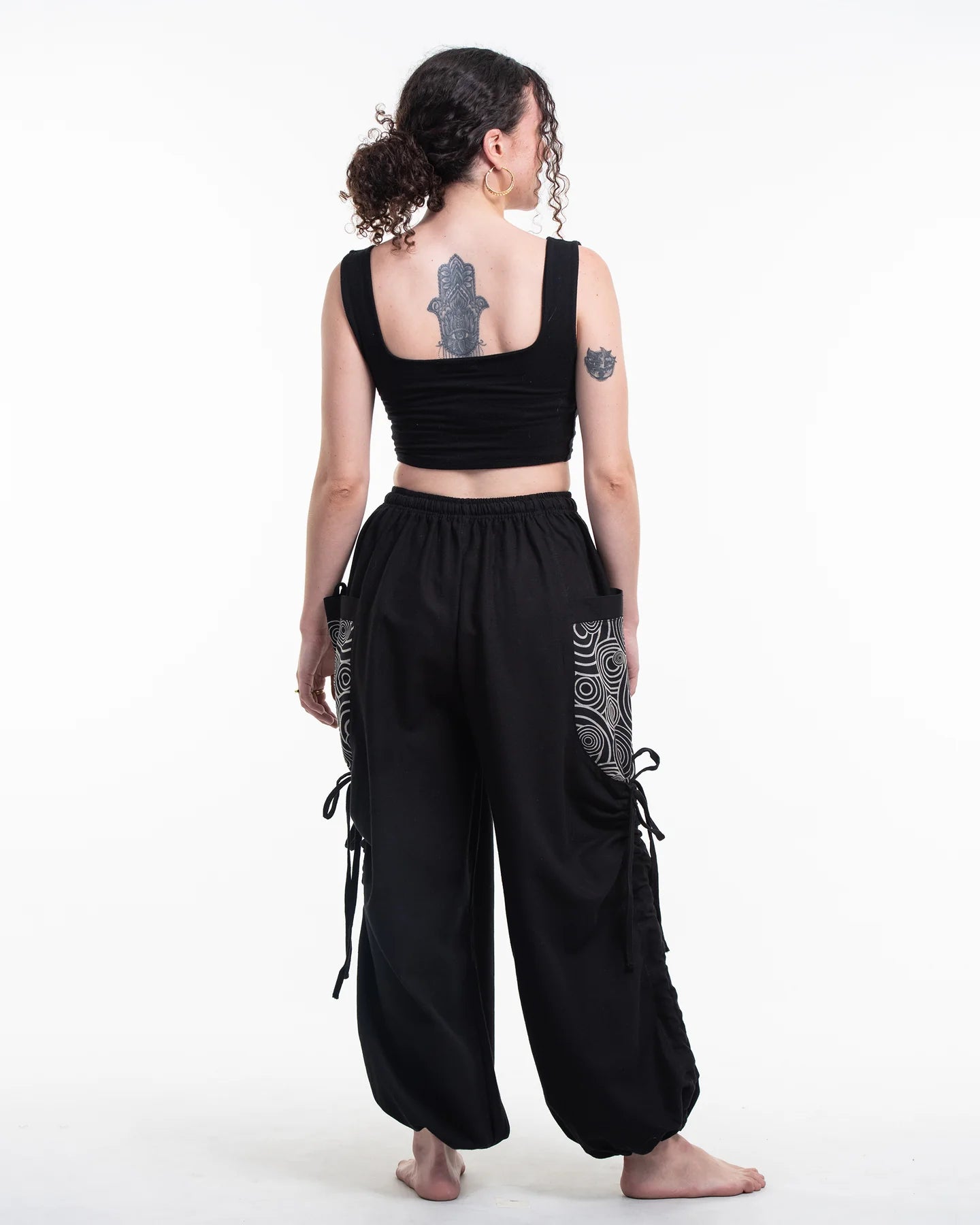 Unisex Cotton Pants with Swirls Prints Pocket in Black