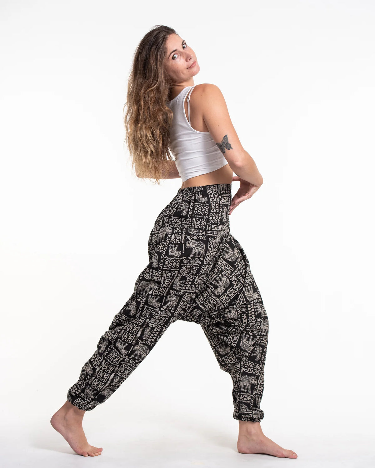Unisex Hill Tribe Elephant Print Harem Pants in Black