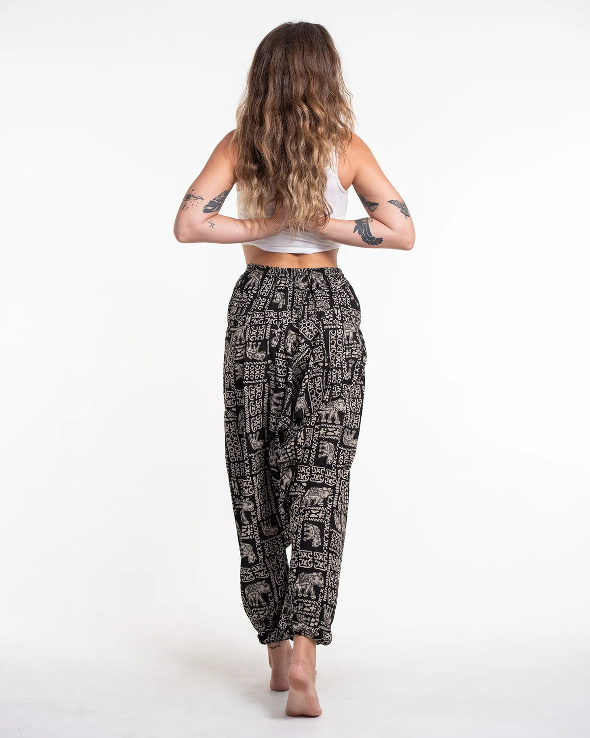 Unisex Hill Tribe Elephant Print Harem Pants in Black