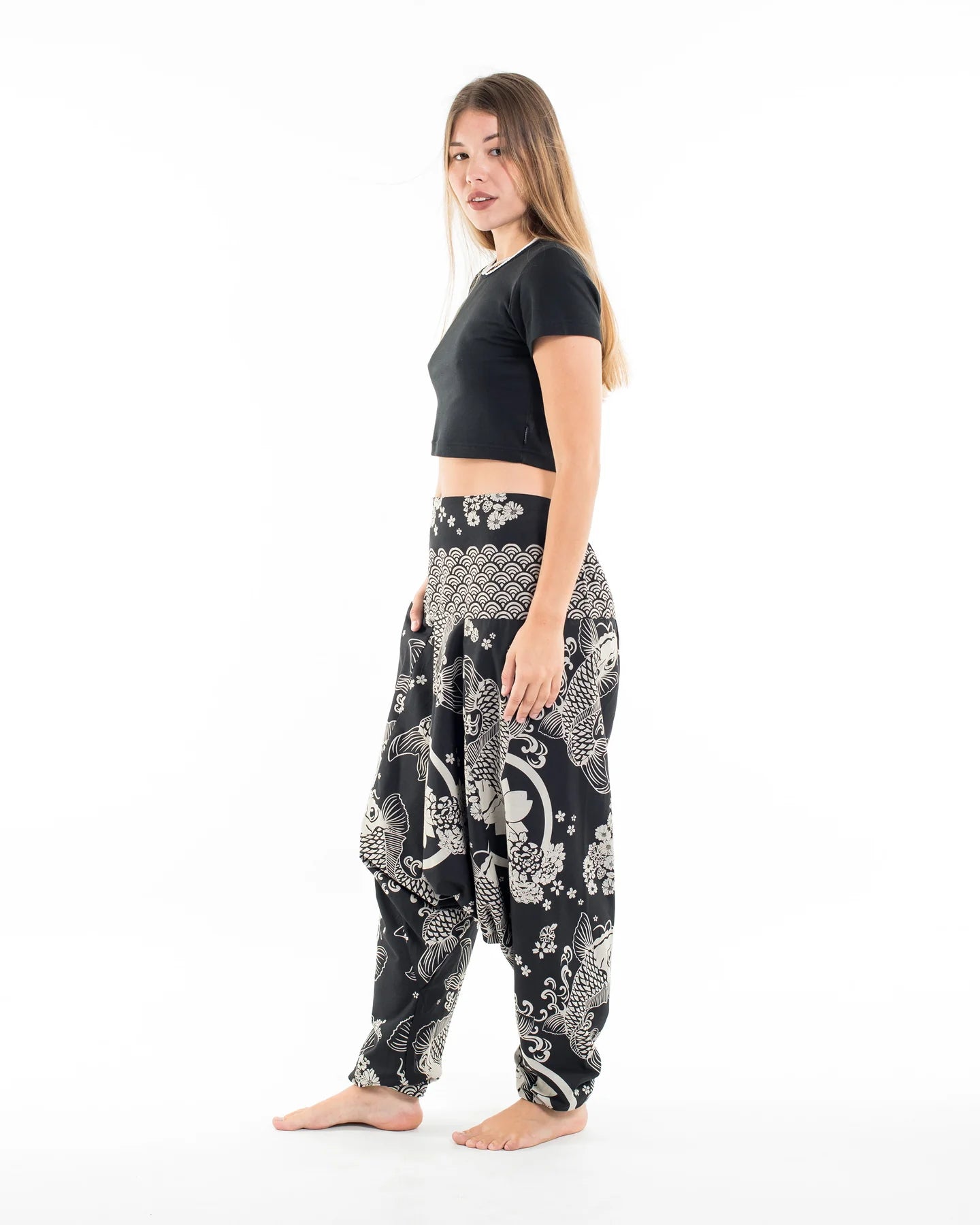 Unisex Hill Tribe Koi Fish Print Harem Pants in Black