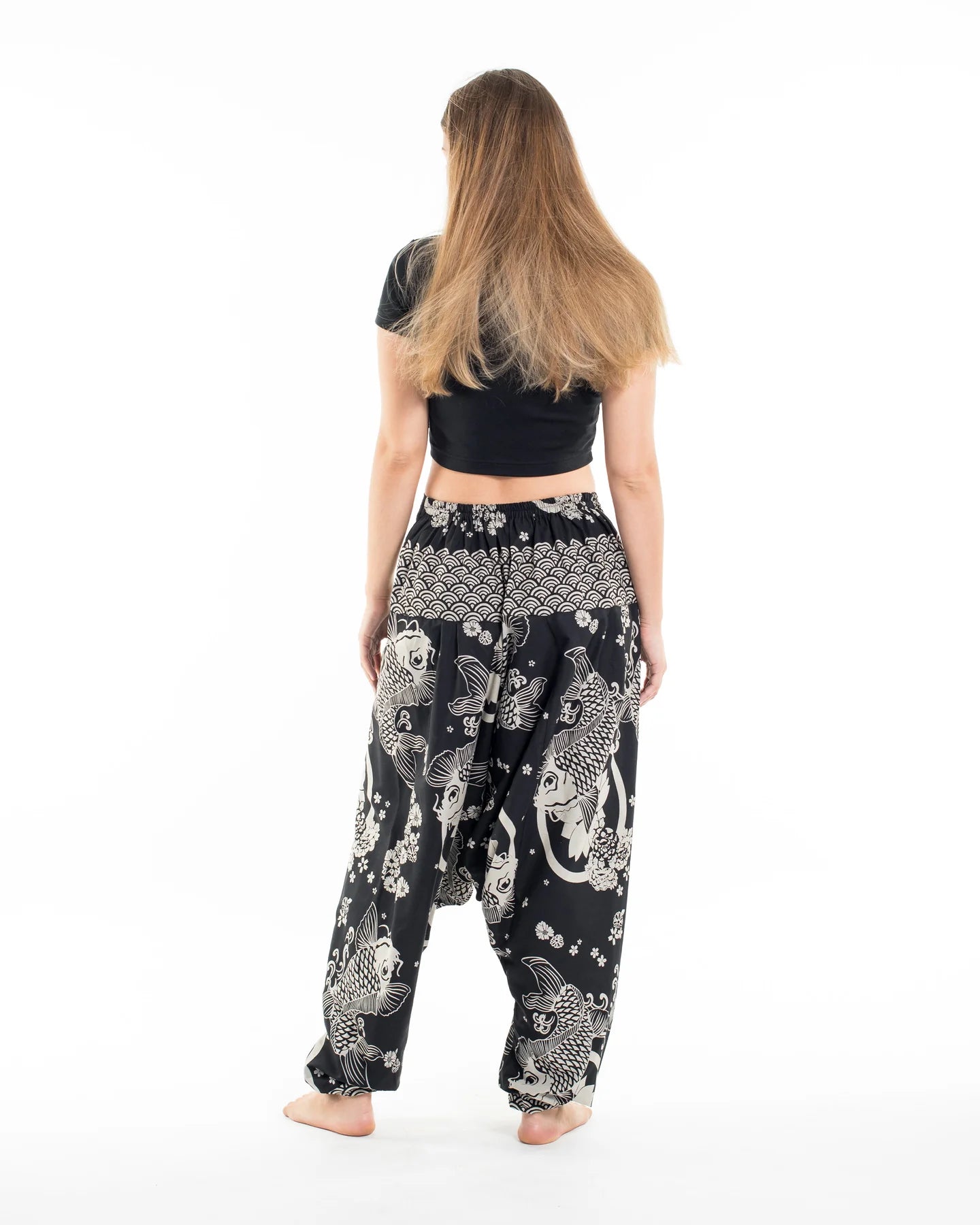 Unisex Hill Tribe Koi Fish Print Harem Pants in Black