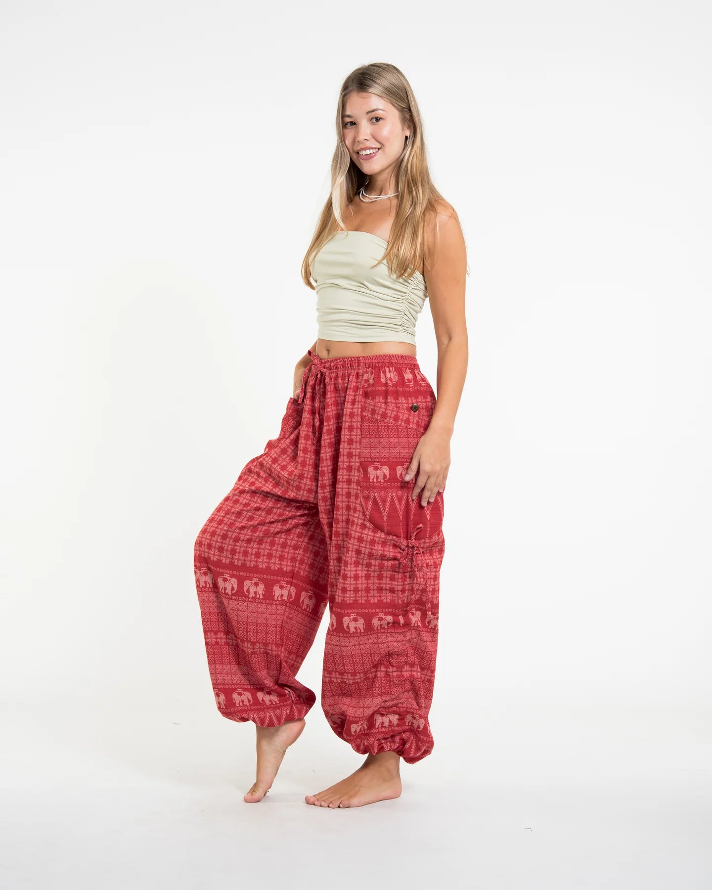 Unisex Hill Tribe Cotton Elephant Pants in Red