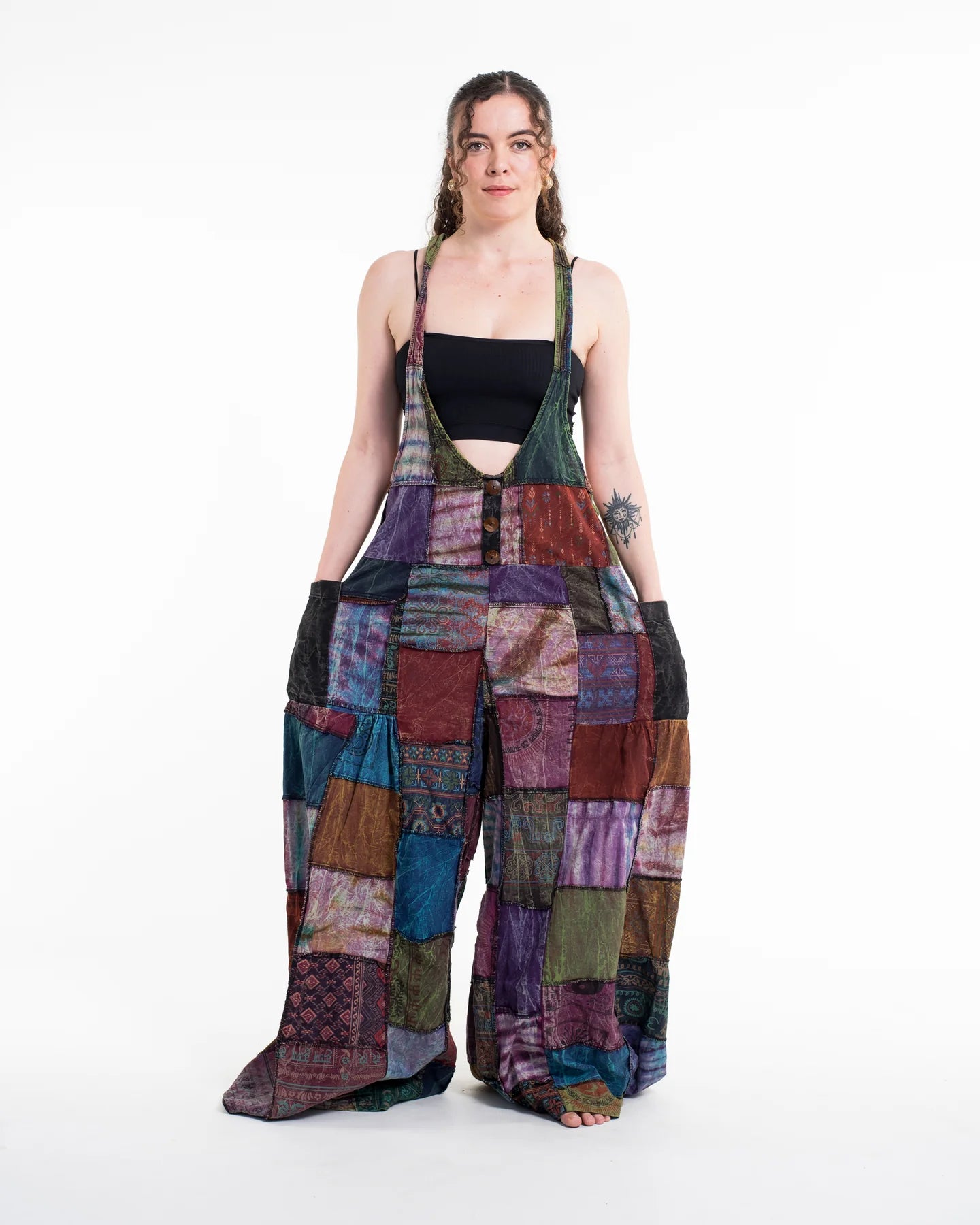 Baggy Style Patchwork Stonewash Overall in Multi Black