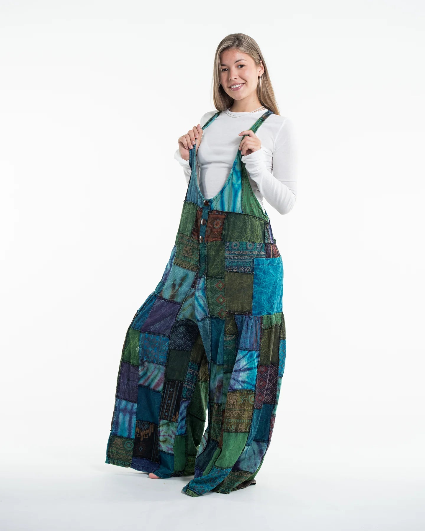 Baggy Style Patchwork Stonewash Overall in Multi Blue