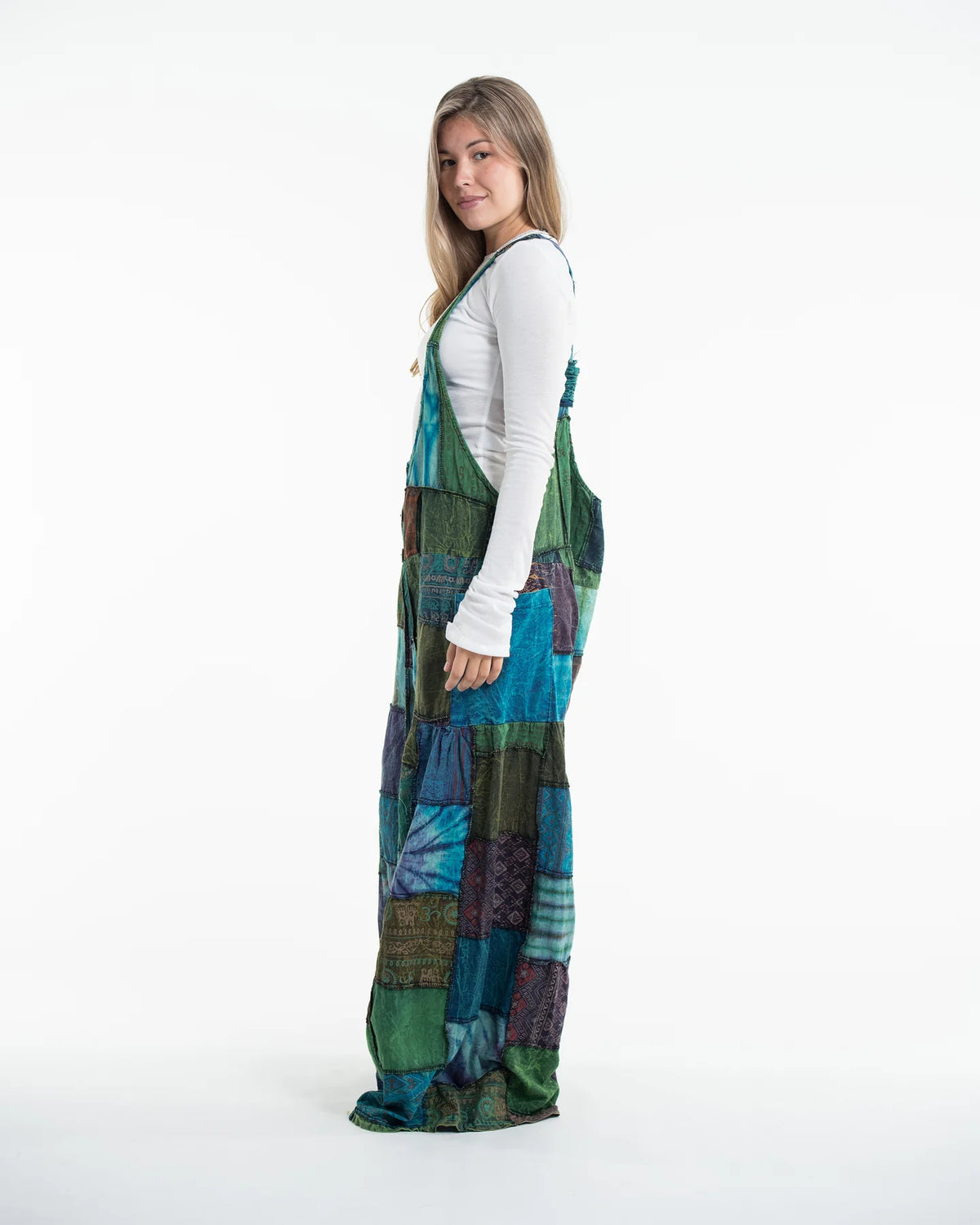 Baggy Style Patchwork Stonewash Overall in Multi Blue