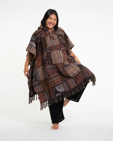 Unisex Patchwork Stonewash Hooded Poncho in Brown