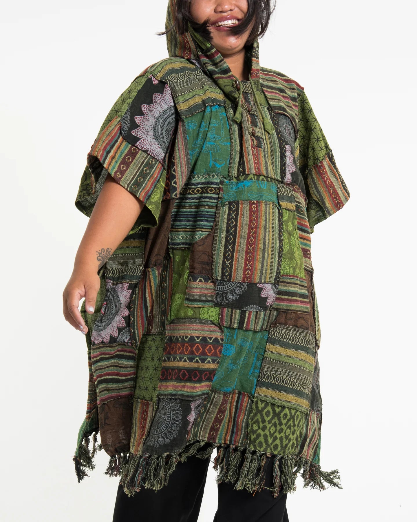 Unisex Patchwork Stonewash Hooded Poncho in Green