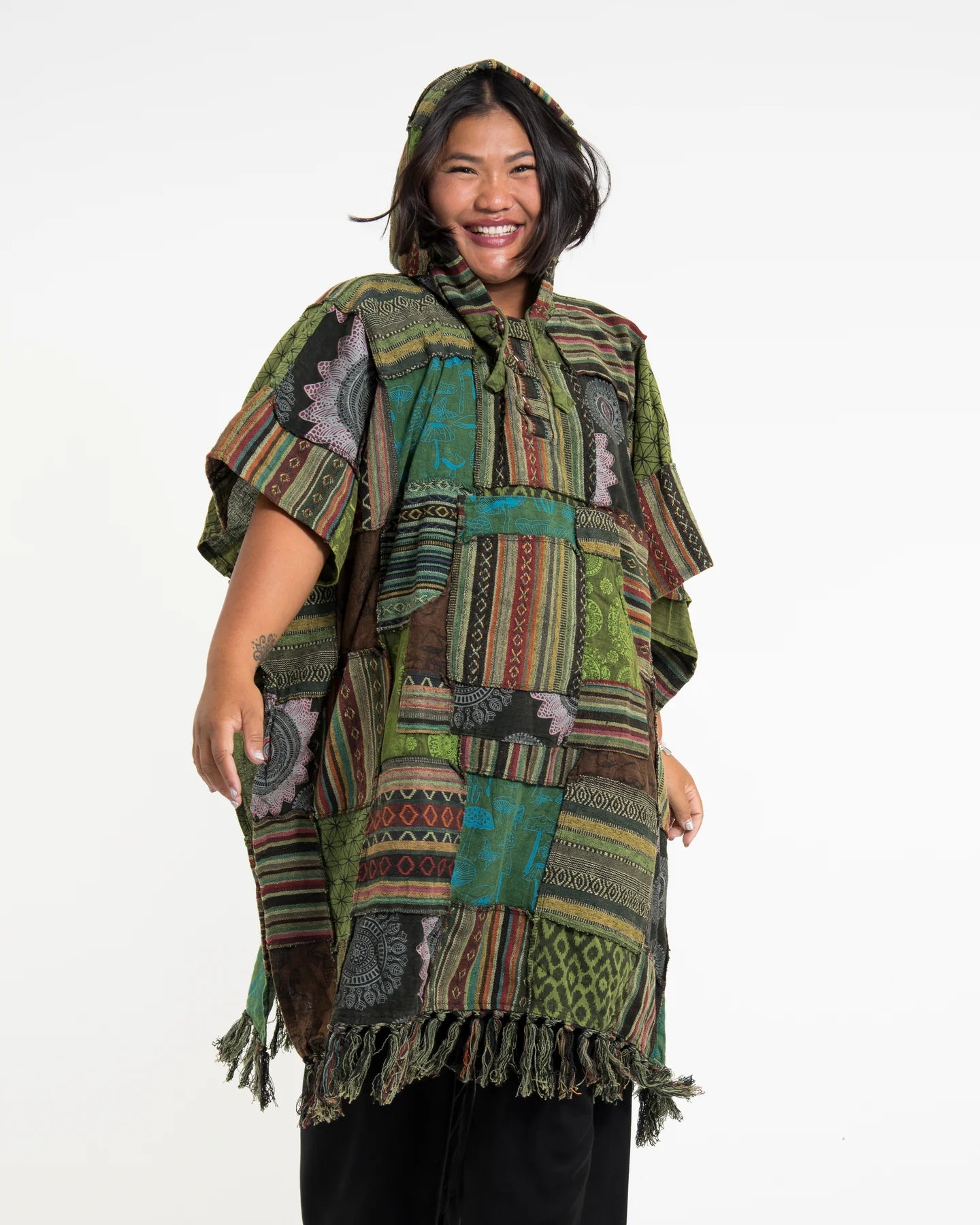 Unisex Patchwork Stonewash Hooded Poncho in Green