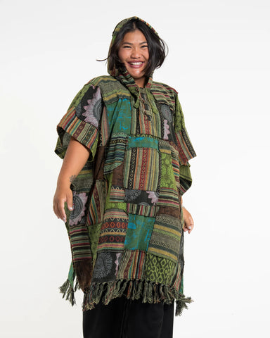 Unisex Patchwork Stonewash Hooded Poncho in Green