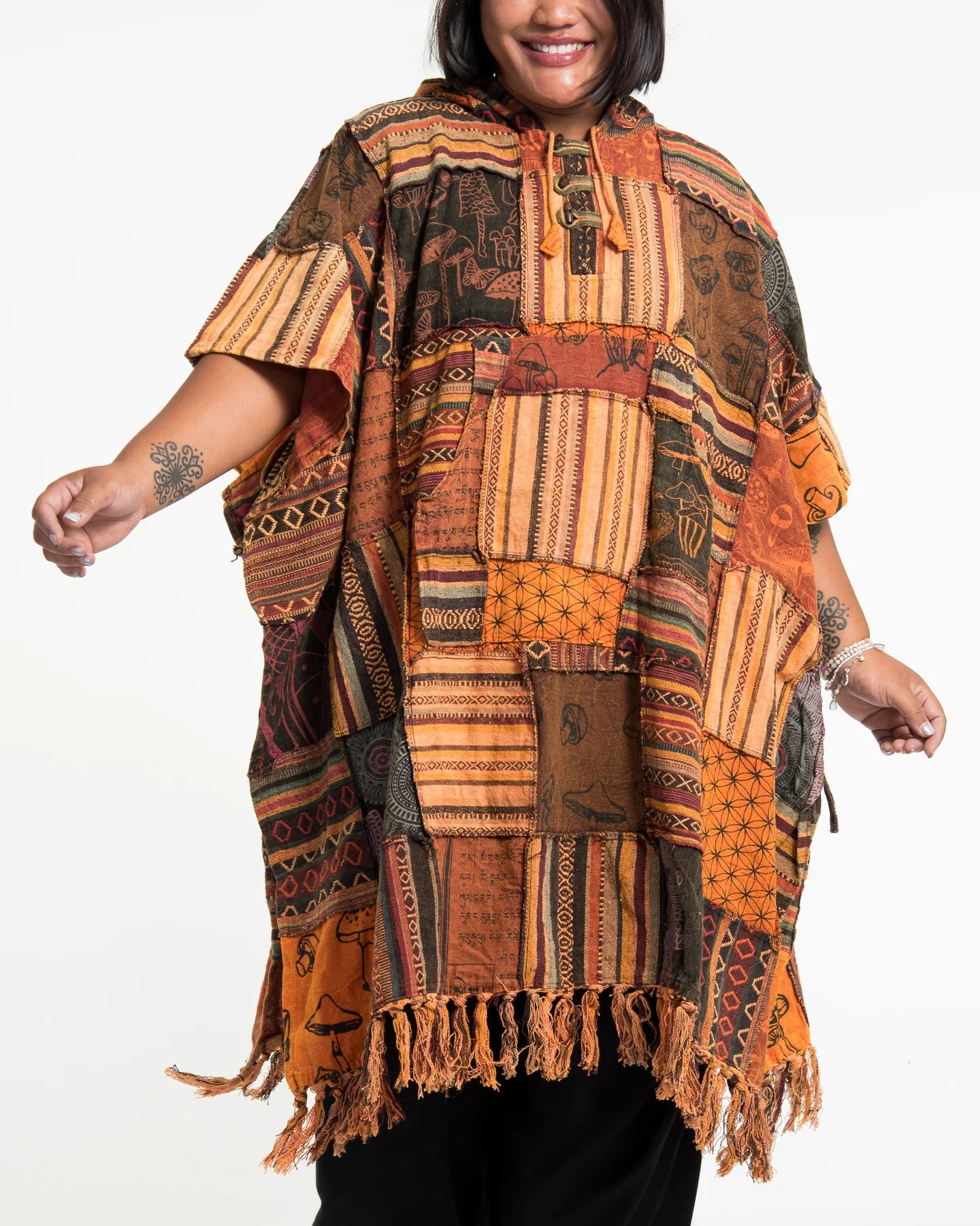 Unisex Patchwork Stonewash Hooded Poncho in Orange