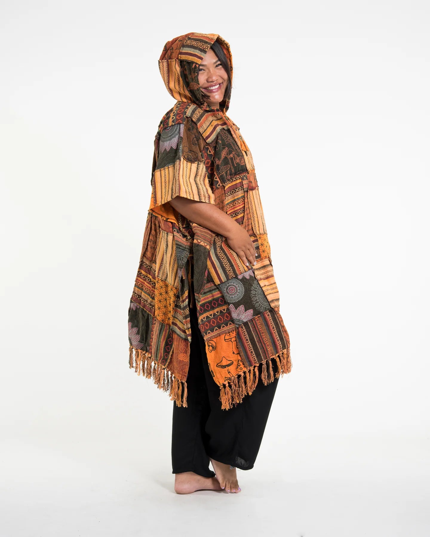 Unisex Patchwork Stonewash Hooded Poncho in Orange