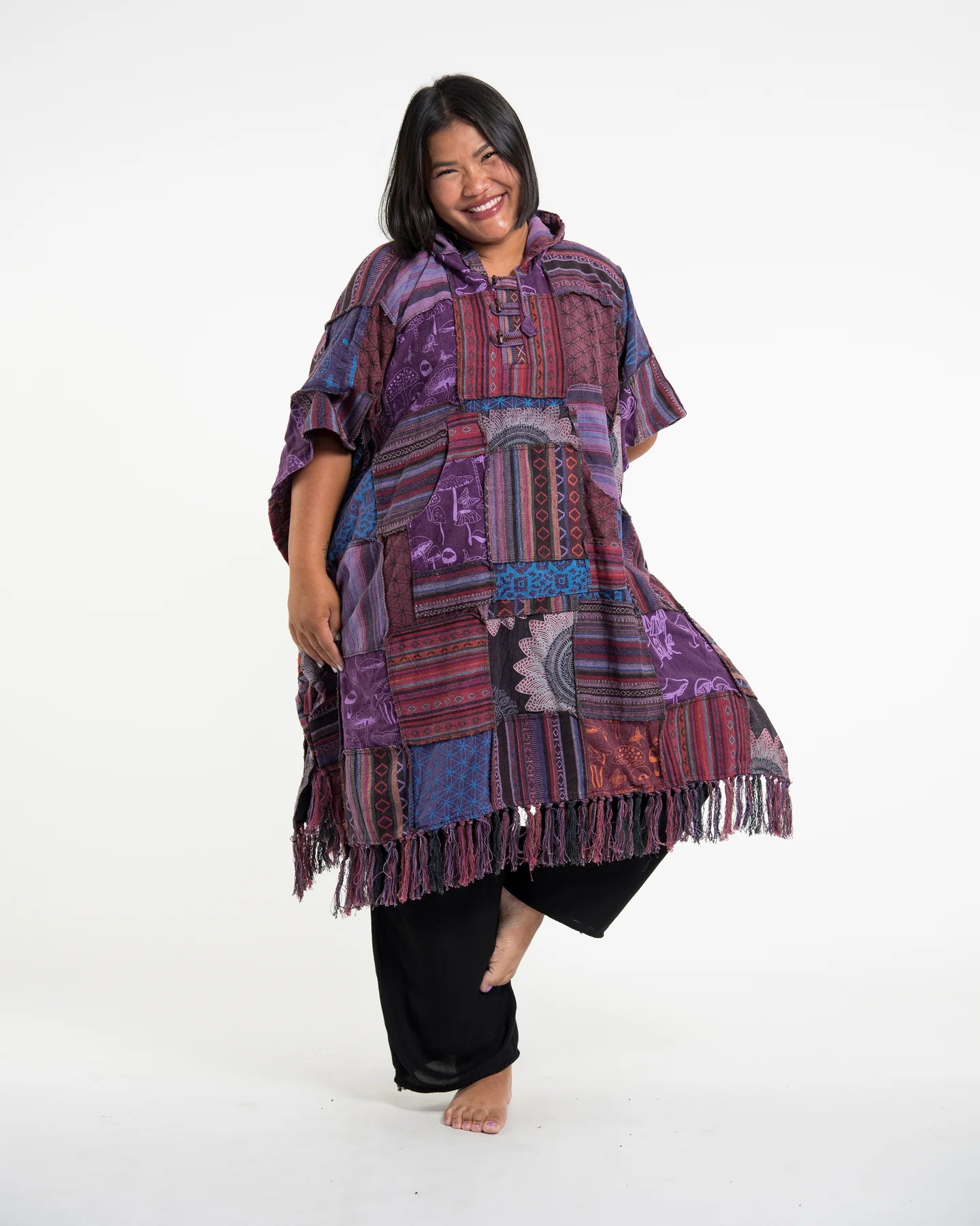 Unisex Patchwork Stonewash Hooded Poncho in Purple