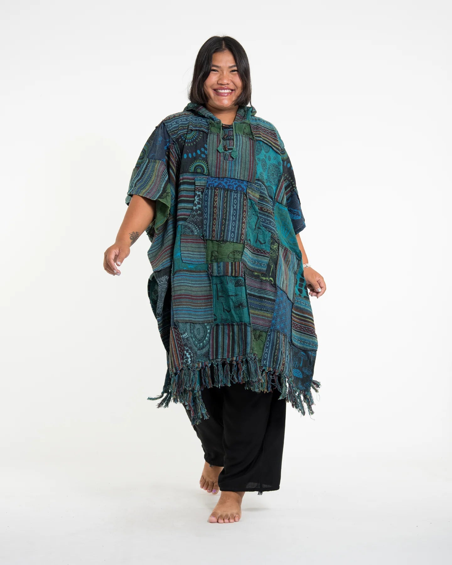 Unisex Patchwork Stonewash Hooded Poncho in Turquoise