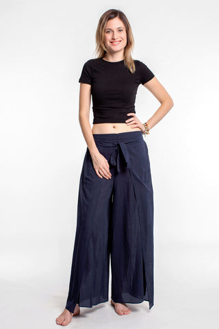 Women's Cotton Wrap Palazzo Pants in Solid Navy