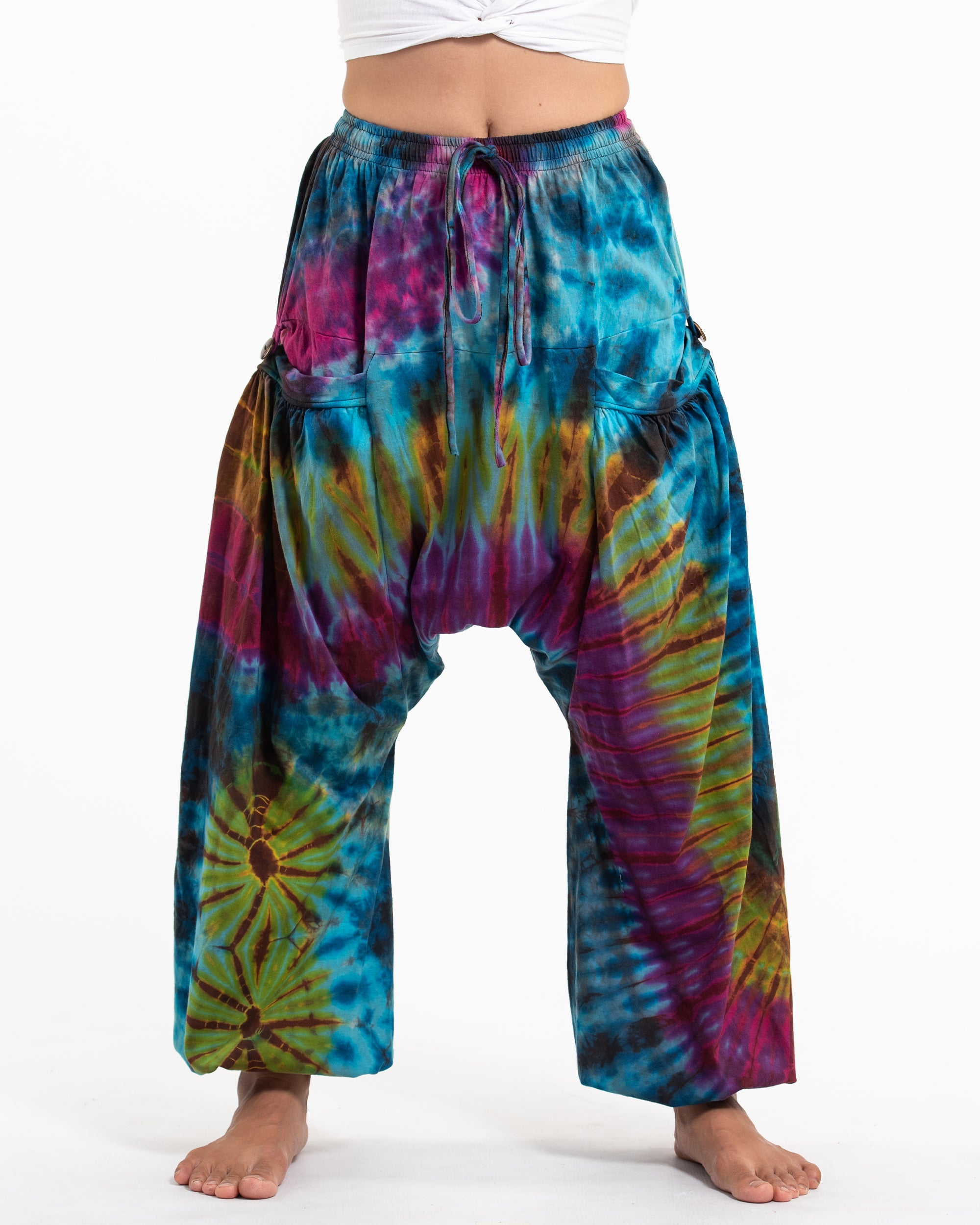 Unisex Tie Dye Cotton Harem Pants in Blue Yellow