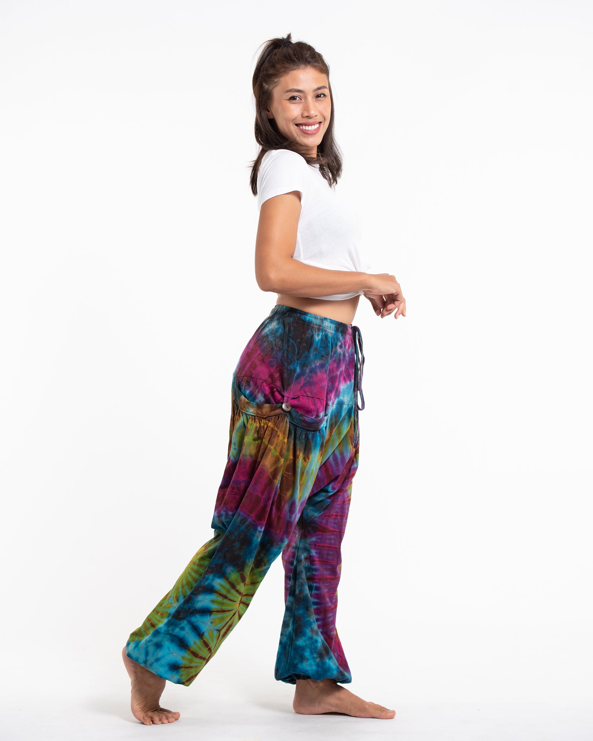 Unisex Tie Dye Cotton Harem Pants in Blue Yellow