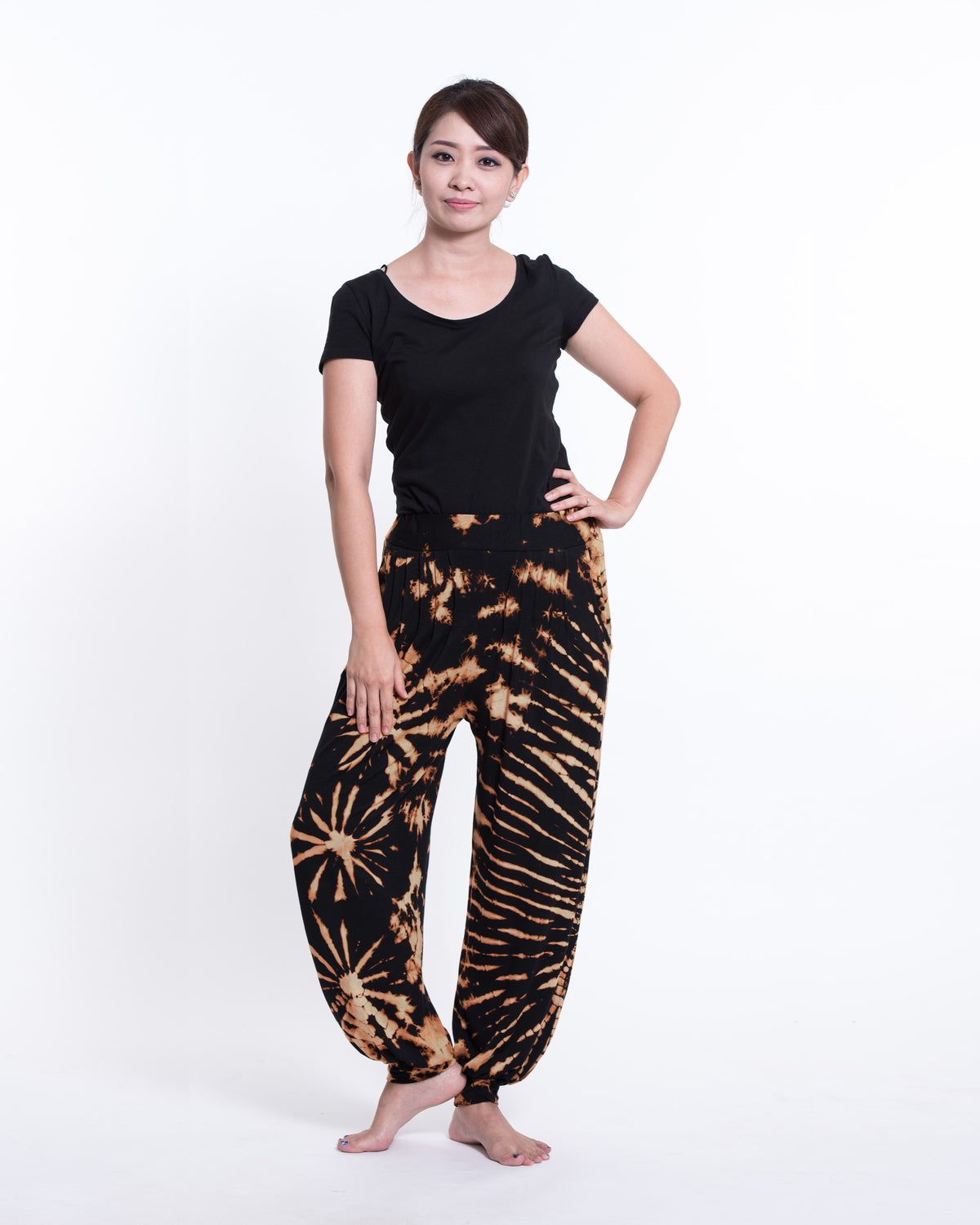 Tie Dye Spandex Cotton Harem Pants in Black Orange