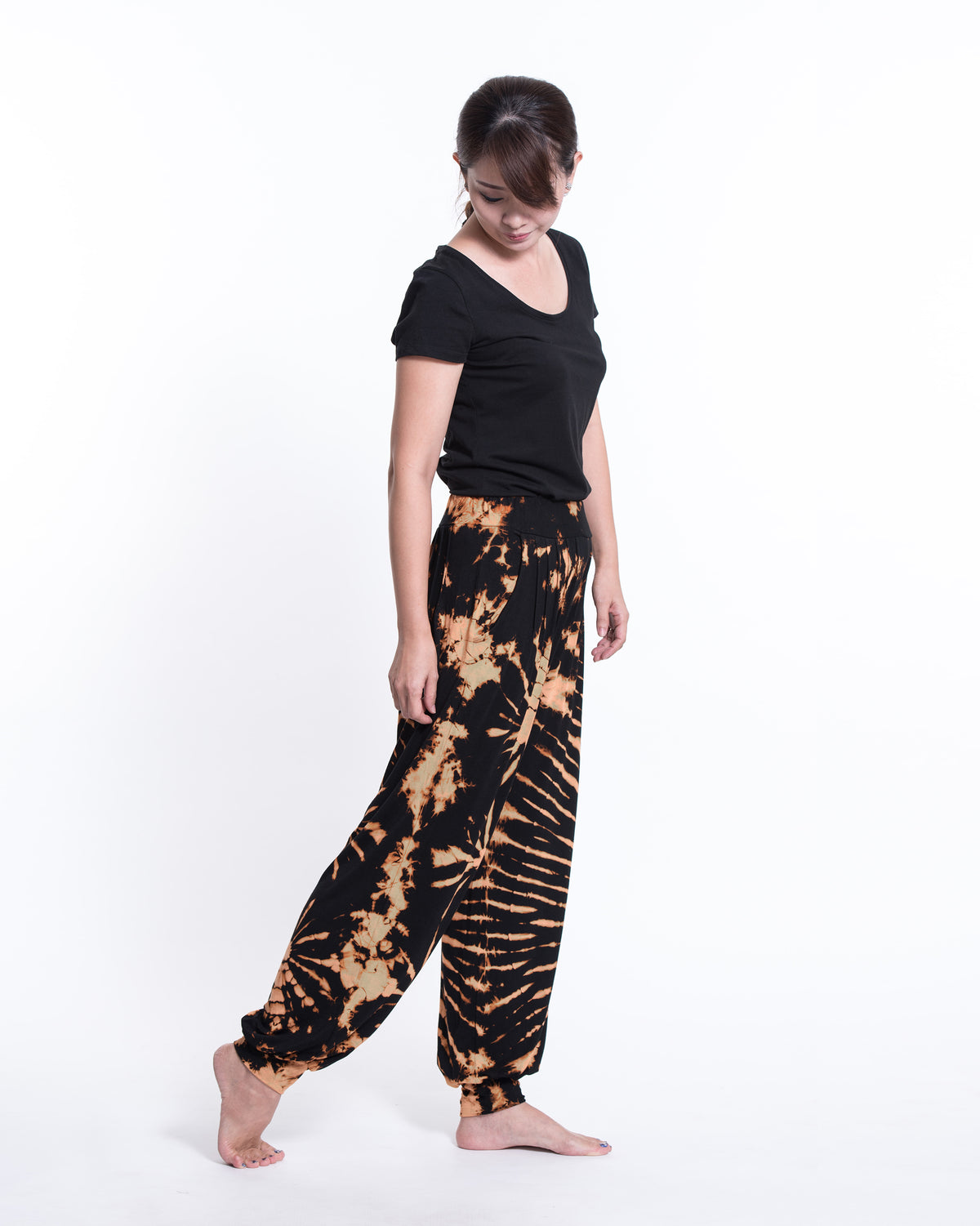 Tie Dye Spandex Cotton Harem Pants in Black Orange