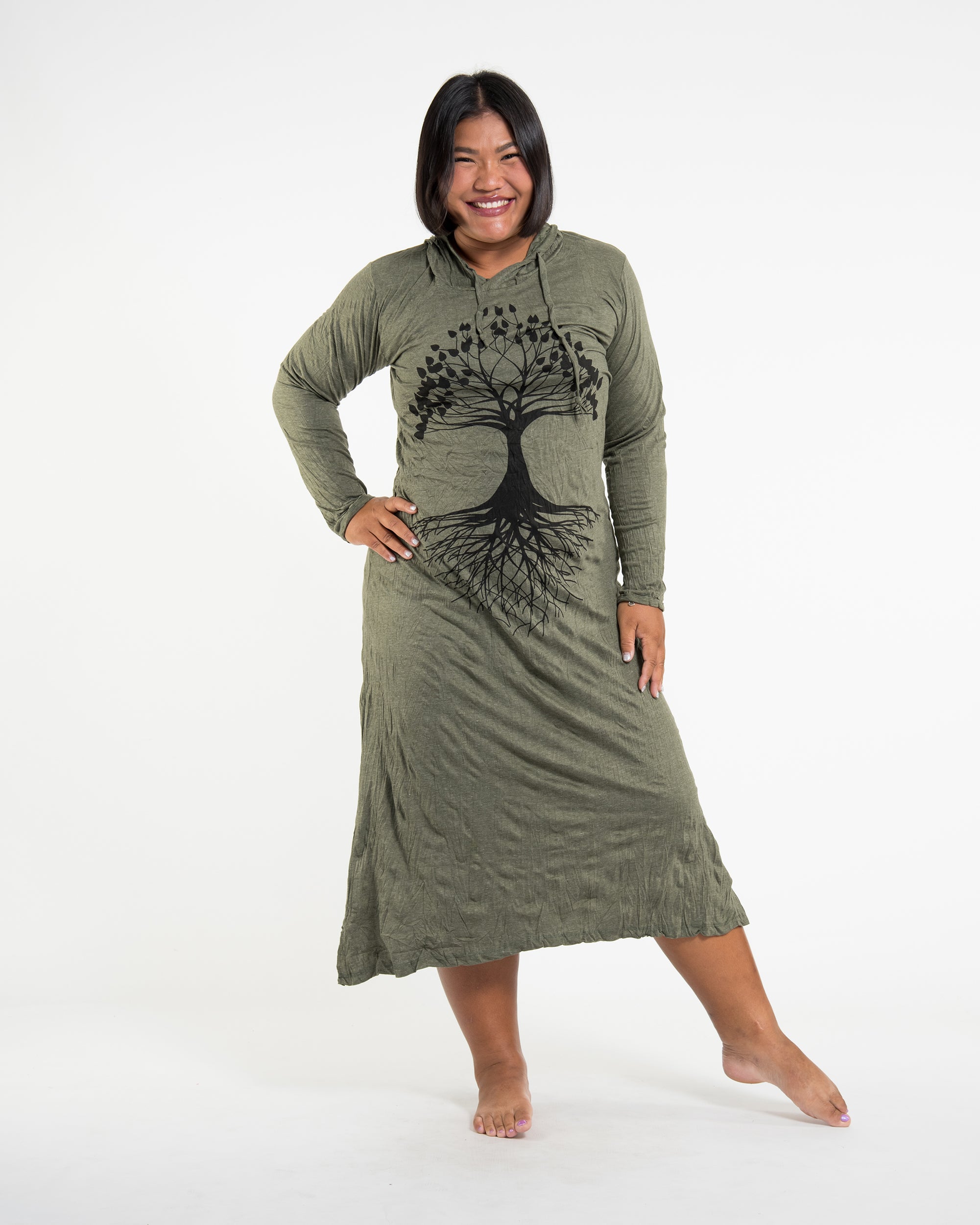 Sure Design Womens Tree Of Life Long Sleeve Hoodie Dress Green L/XL
