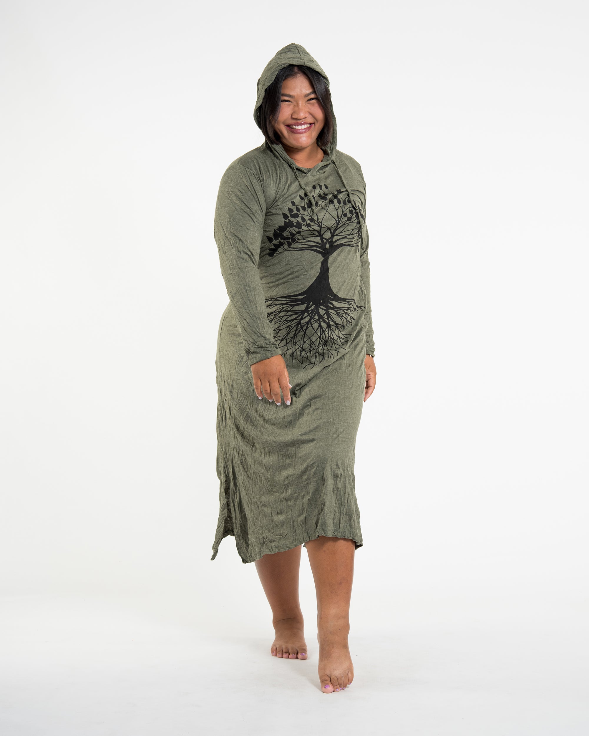 Sure Design Womens Tree Of Life Long Sleeve Hoodie Dress Green L/XL