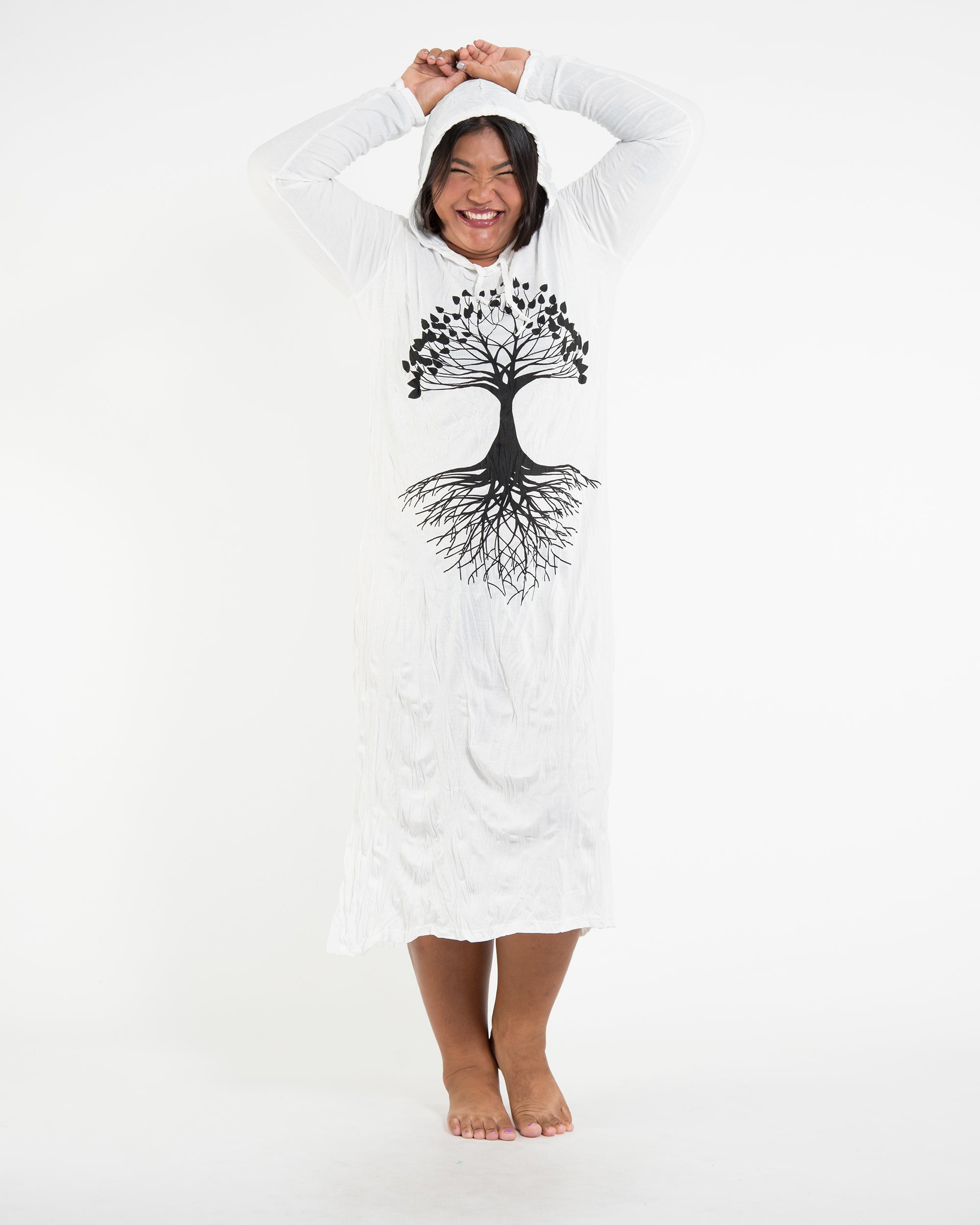 Sure Design Womens Tree Of Life Long Sleeve Hoodie Dress White L/XL