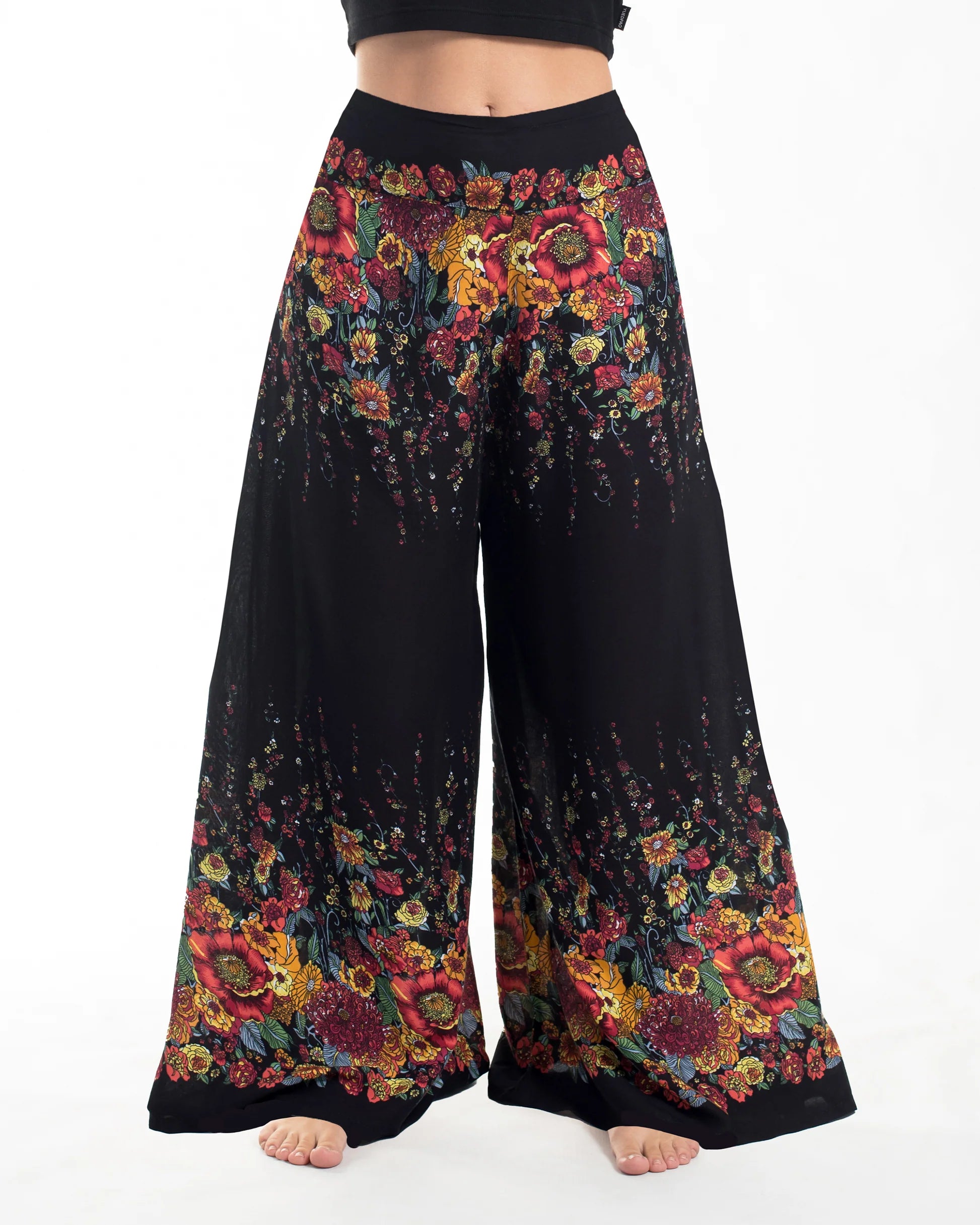 Floral Straight Cut Wide Leg Palazzo with Elastic Back Waistband in Black