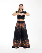 Floral Straight Cut Wide Leg Palazzo with Elastic Back Waistband in Black