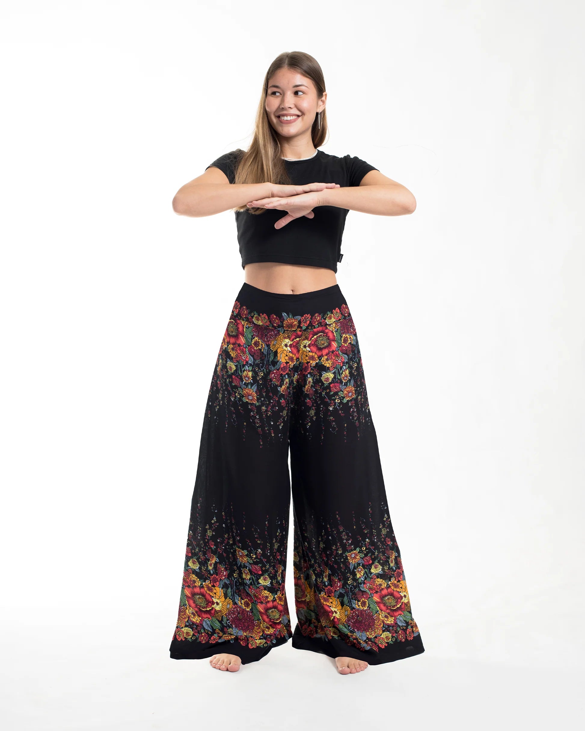 Floral Straight Cut Wide Leg Palazzo with Elastic Back Waistband in Black