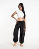 Unisex Drawstring Pinstripes Cotton Pants with Aztec Pocket in Black