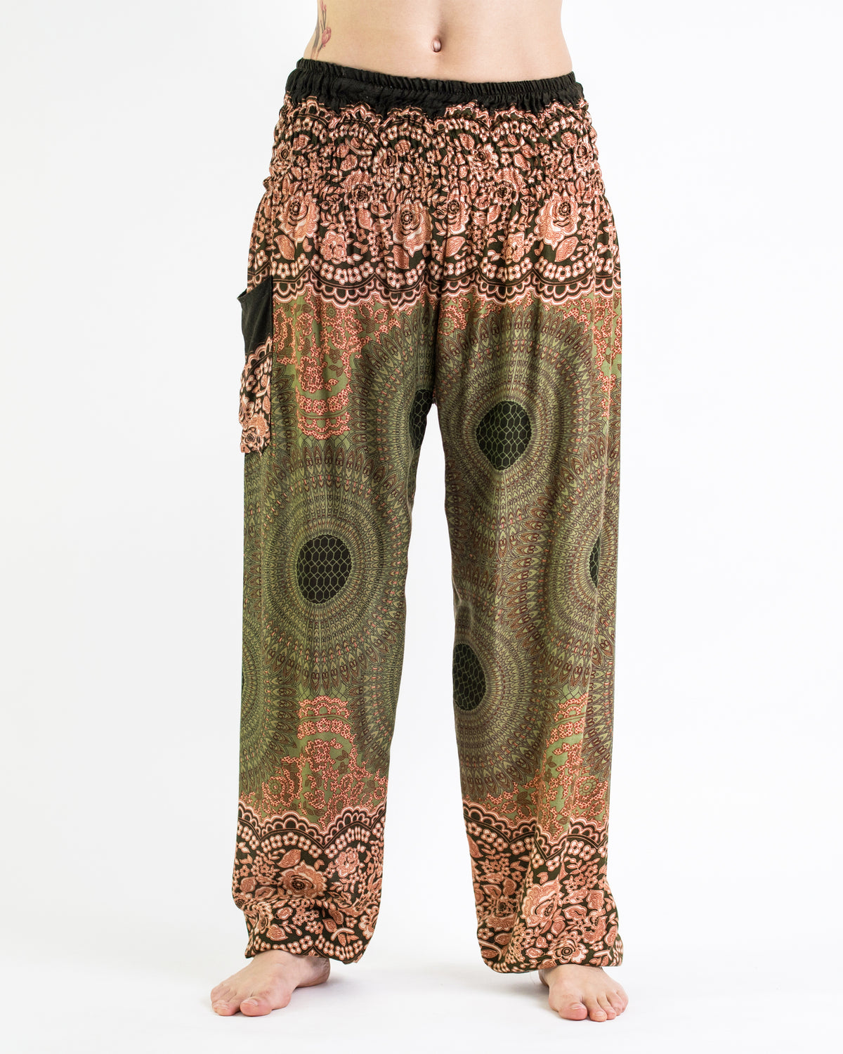Geometric Mandalas Unisex Harem Pants in Olive