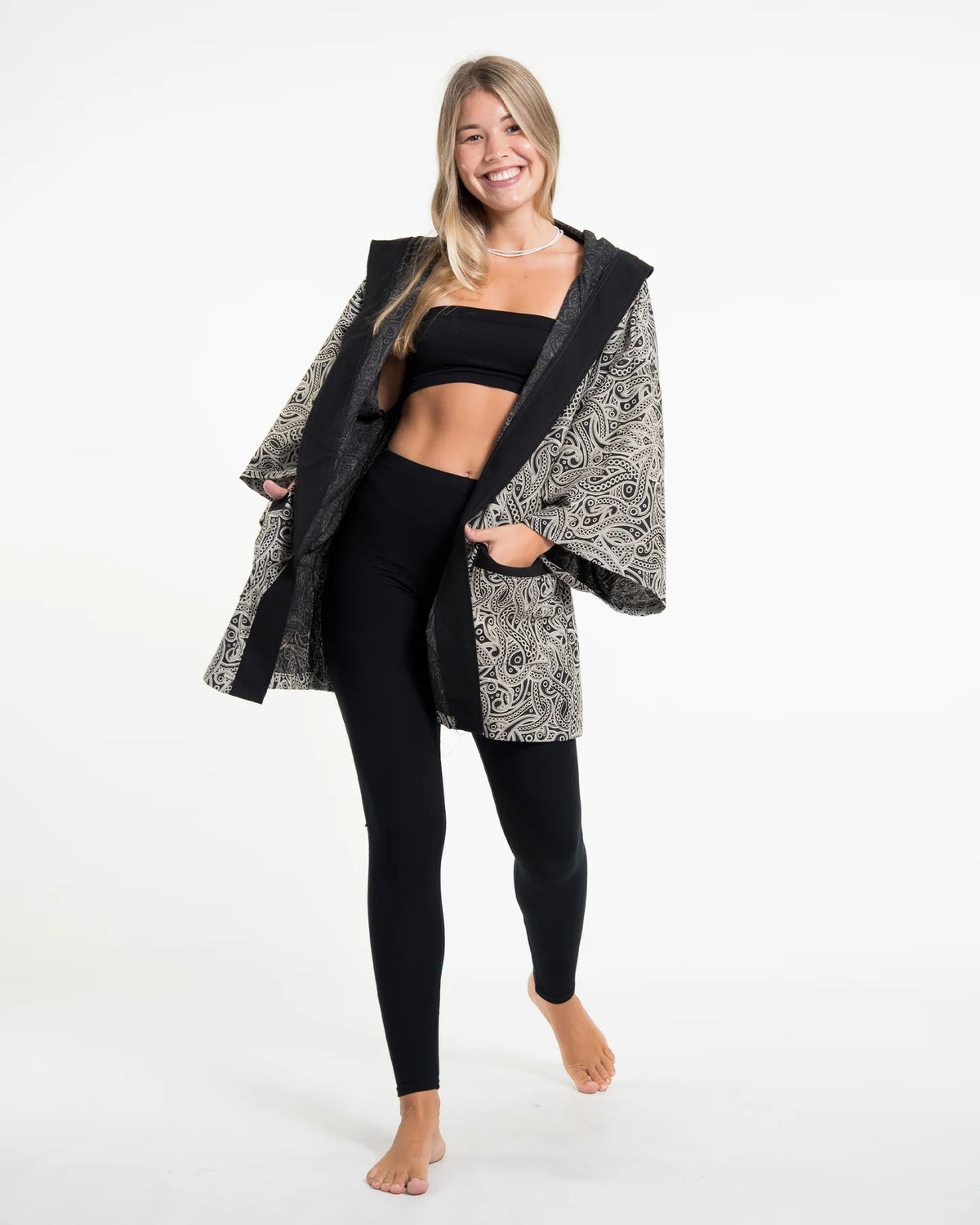 Unisex Paisley Print Cotton Hoodie Kimono Cardigan in Black